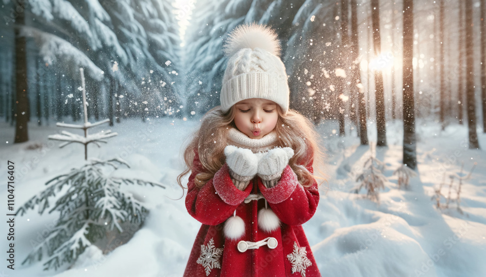 Beautiful little girl blowing snowflakes in a white winter forest. Card. Design. Cover. Calendar. Christmas. Magic. Winter photo. Happiness and magic concept. Beautiful little girl blowing snowflakes in a white winter forest. Card. Design. Cover. Calendar. Christmas. Magic. Winter photo. Happiness and magic concept.