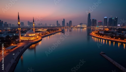  Elegant cityscape at dusk with mosque and river