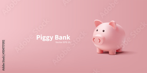Piggy bank on pink background, 3D. Realistic image of a piggy bank for concepts of saving, preservation, and accumulation of funds. Vector illustration.