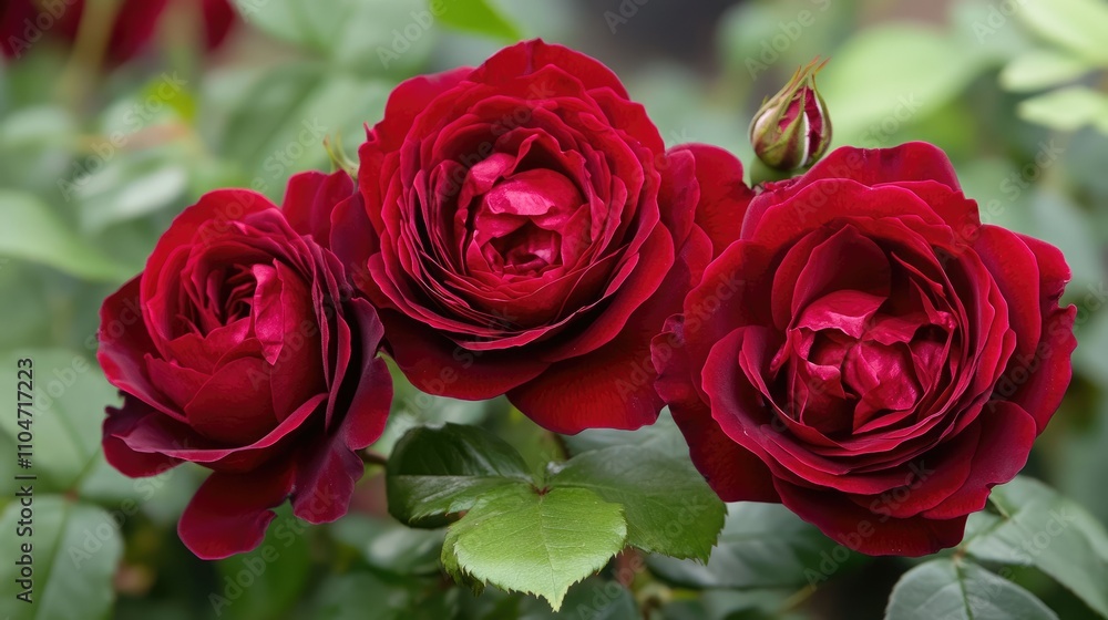 A close-up of three vibrant red roses surrounded by lush green leaves. A close-up of three vibrant red roses surrounded by lush green leaves.