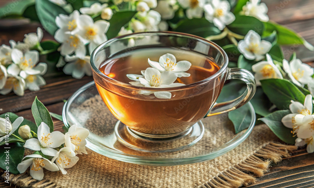 Transparent tea cup with jasmine tea on a background of flowers Transparent tea cup with jasmine tea on a background of flowers