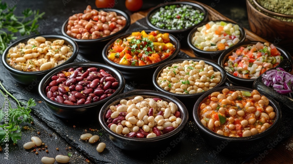 A variety of delicious dishes made from beans, beautifully presented with vibrant colors and soft studio lighting, showcasing healthy, plant-based food. A variety of delicious dishes made from beans, beautifully presented with vibrant colors and soft studio lighting, showcasing healthy, plant-based food.