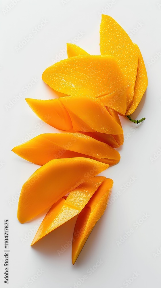 A vibrant display of sliced mango, showcasing its juicy, yellow flesh arranged elegantly on a white background. A vibrant display of sliced mango, showcasing its juicy, yellow flesh arranged elegantly on a white background.