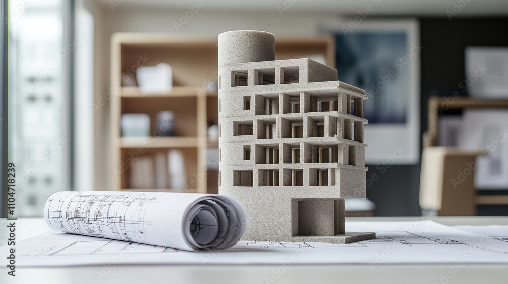 detailed architectural model on blueprints in modern office detailed architectural model on blueprints in modern office