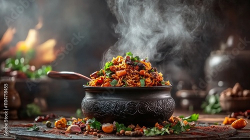 Aromatic Spiced Rice Dish with Herbs and Steam Rising from Bowl