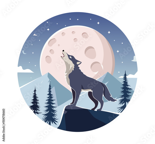 wolf howling at the moon with mountains