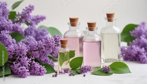 Lilac flowers and leaves next to bottle of essential oil on white backdrop, relaxation, fragrance