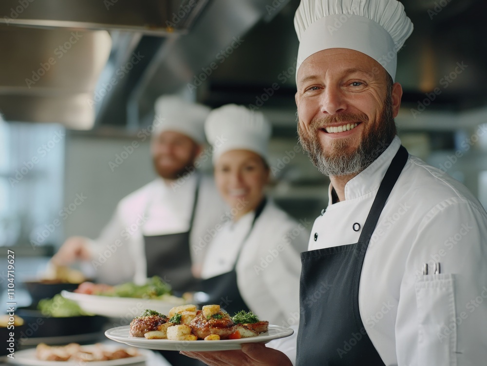 professional chefs preparing and serving gourmet dishes in a modern kitchen