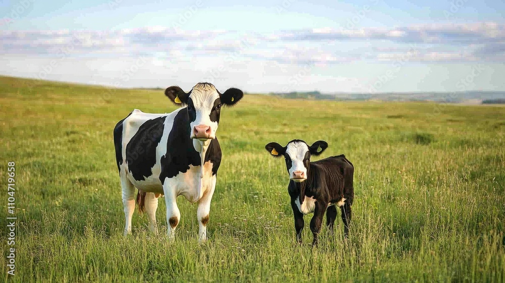 A cow and her calf standing in a lush green field under a clear sky. A cow and her calf standing in a lush green field under a clear sky.