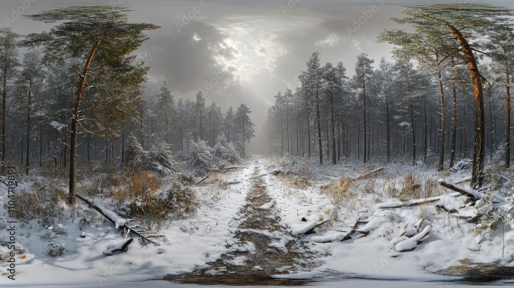 Obraz premium A serene winter forest scene with snow-covered ground and tall trees under a cloudy sky.