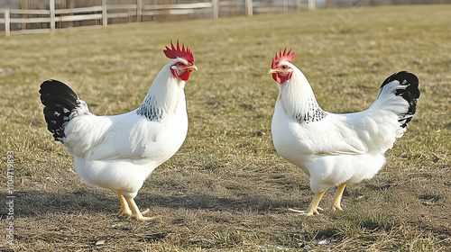 Two Roosters, a Countryside Standoff: A pair of white roosters with black markings stand face-to-face in a field, their red combs and wattle a stark contrast against the green grass. photo