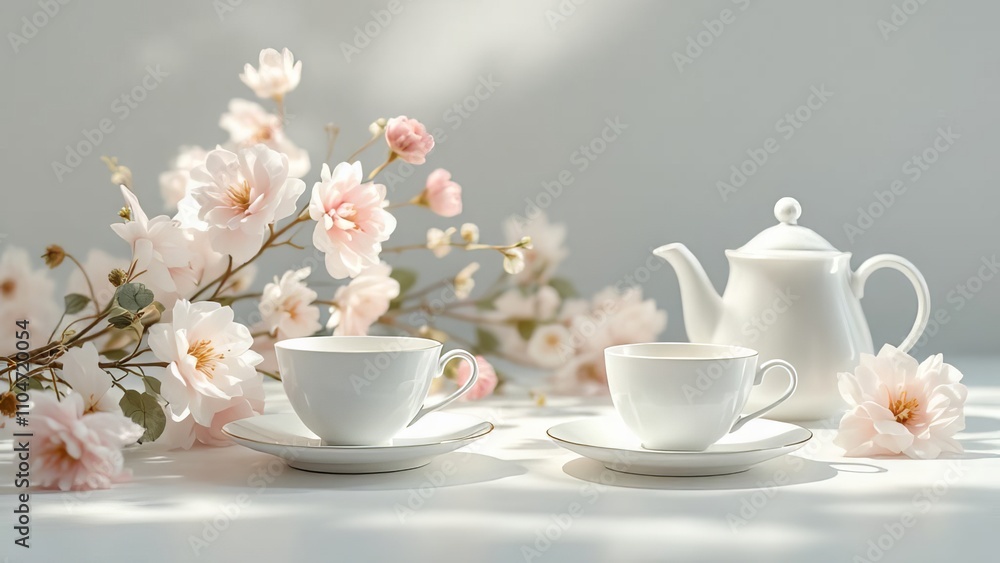 AI-enhanced porcelain tea set and flowers, a delicate and beautiful image. AI-enhanced porcelain tea set and flowers, a delicate and beautiful image.