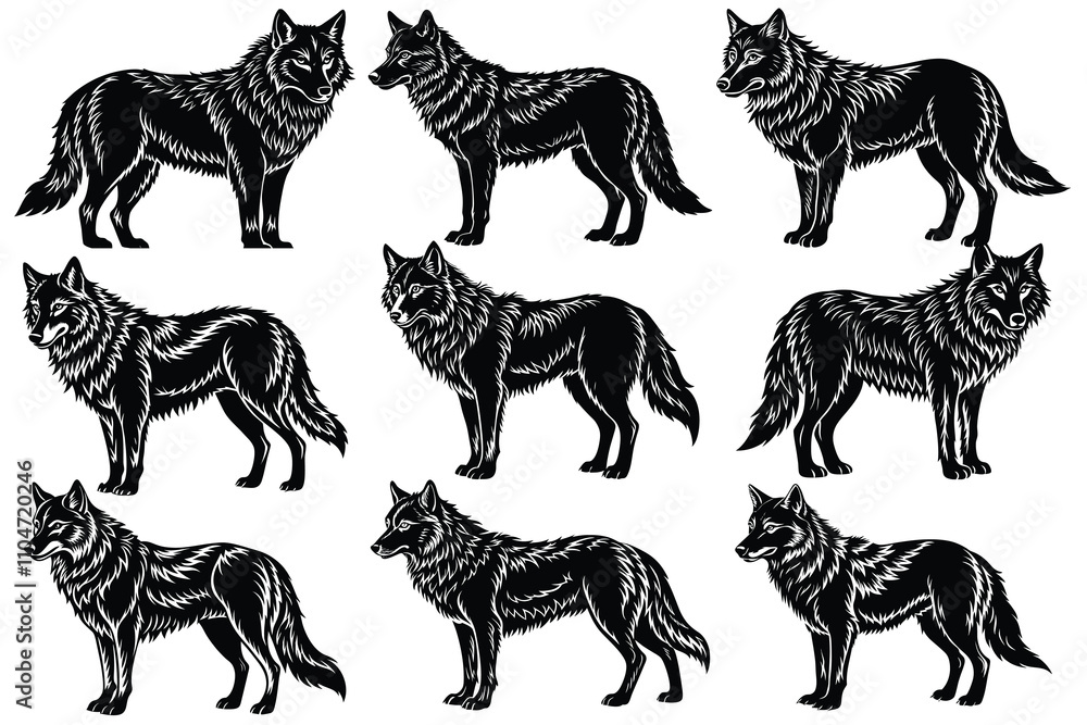 Naklejka premium wolf silhouettes, Set of wolf black silhouette vector