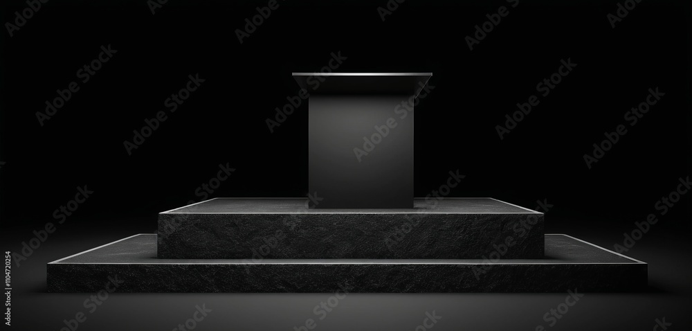 Empty room with black walls, grunge texture, dark vintage design, and stone floor with a square display podium surface for product Empty room with black walls, grunge texture, dark vintage design, and stone floor with a square display podium surface for product
