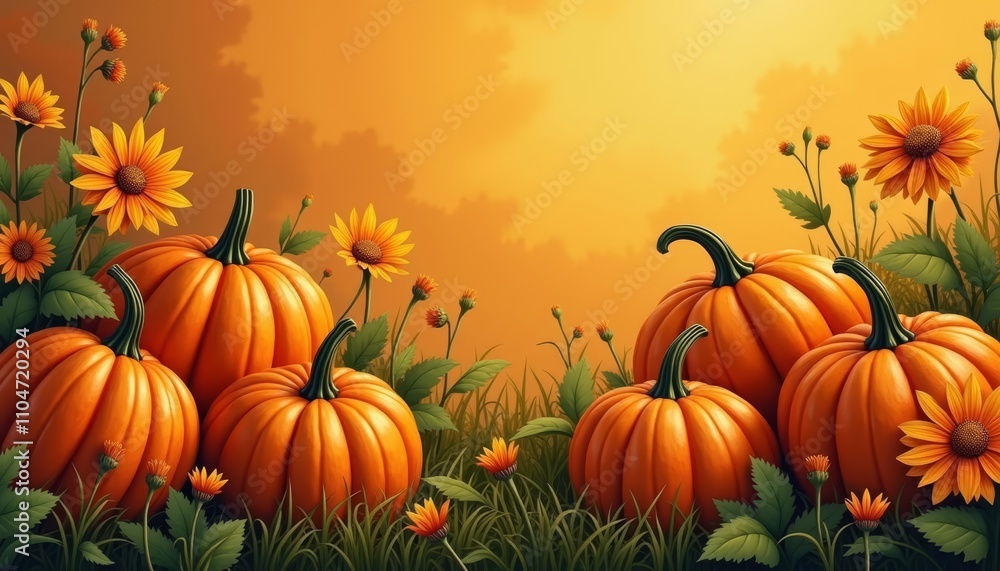 Naklejka premium Autumn Harvest Pumpkins and Sunflowers