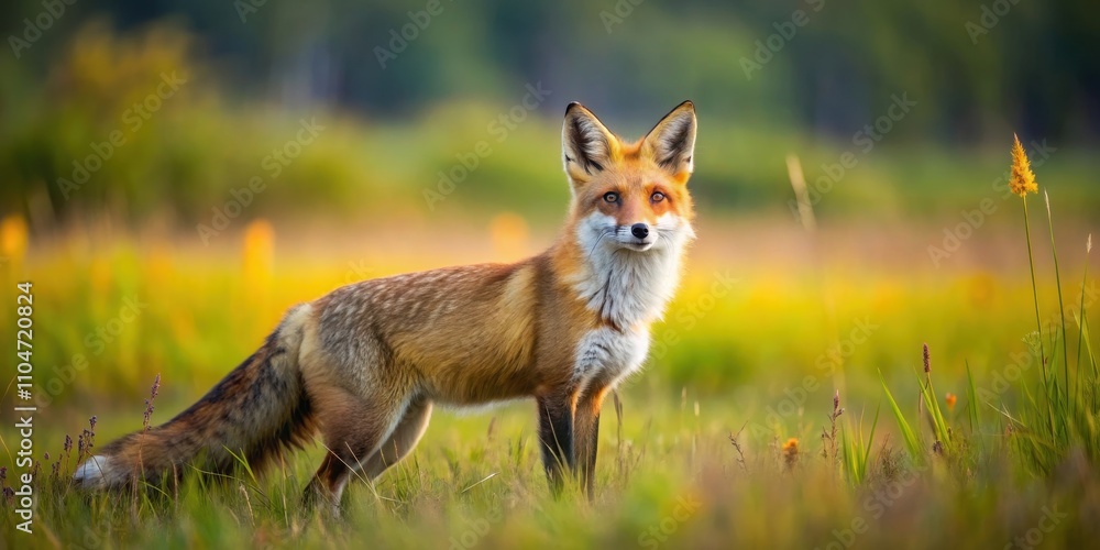 Naklejka premium Fox on the prairie in natural habitat, fox, prairie, wildlife, nature, grassland, predator, hunting, mammal
