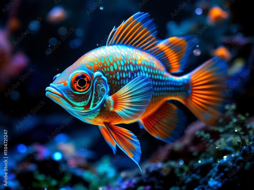 Fototapeta premium Aquarium Mandarin fish at night, illuminated by careful lighting.