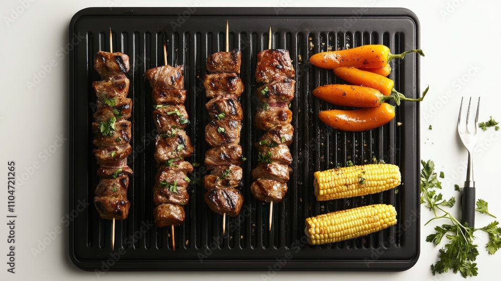grilled skewers with vegetables and corn on a serving tray grilled skewers with vegetables and corn on a serving tray