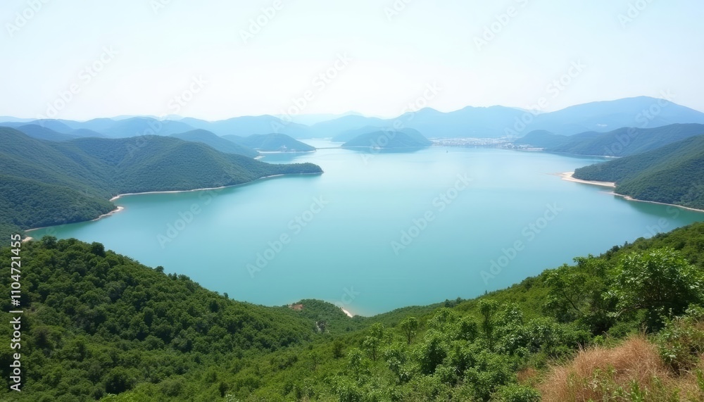 Tranquil lake nestled amidst lush green mountains Tranquil lake nestled amidst lush green mountains