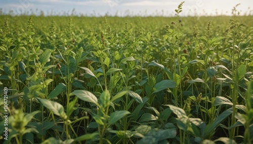 Close-up of thick weeds invading a soybean crop, agriculture, soybeans