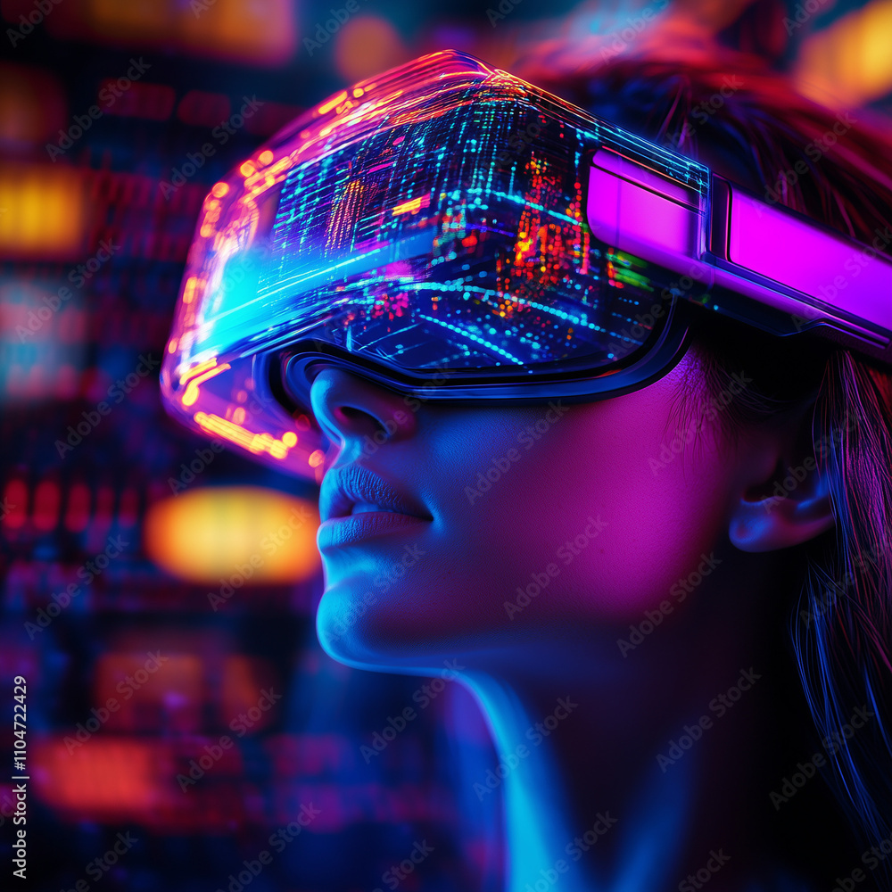 Close-up of a woman wearing futuristic smart glasses, immersed in a vibrant virtual reality environment, showcasing modern technology and innovation. Close-up of a woman wearing futuristic smart glasses, immersed in a vibrant virtual reality environment, showcasing modern technology and innovation.