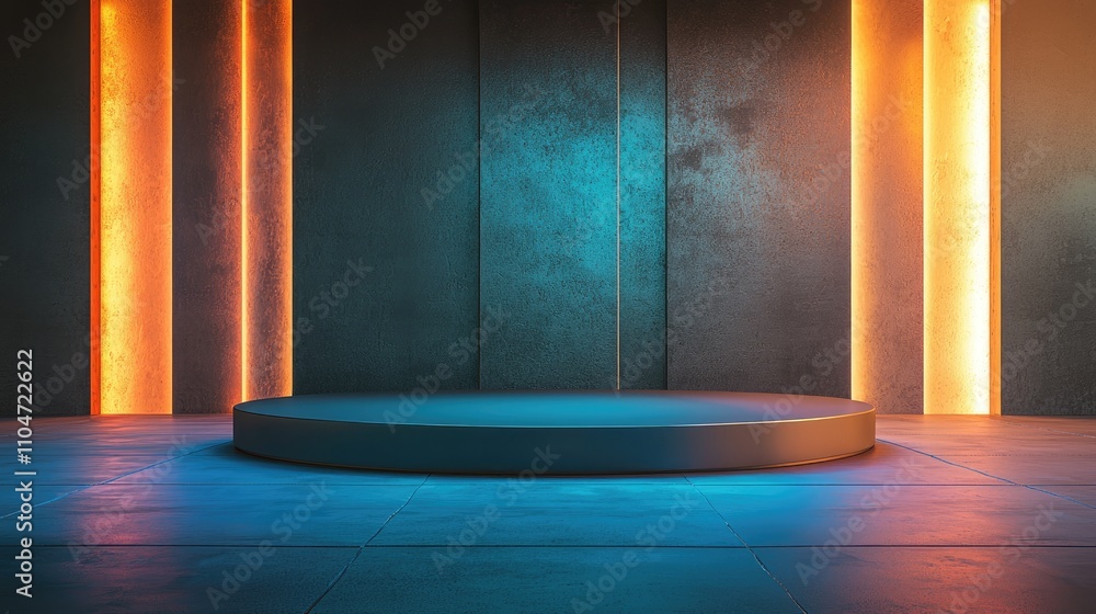 A Circular Platform in a Room with Neon Lights and a Textured Wall A Circular Platform in a Room with Neon Lights and a Textured Wall
