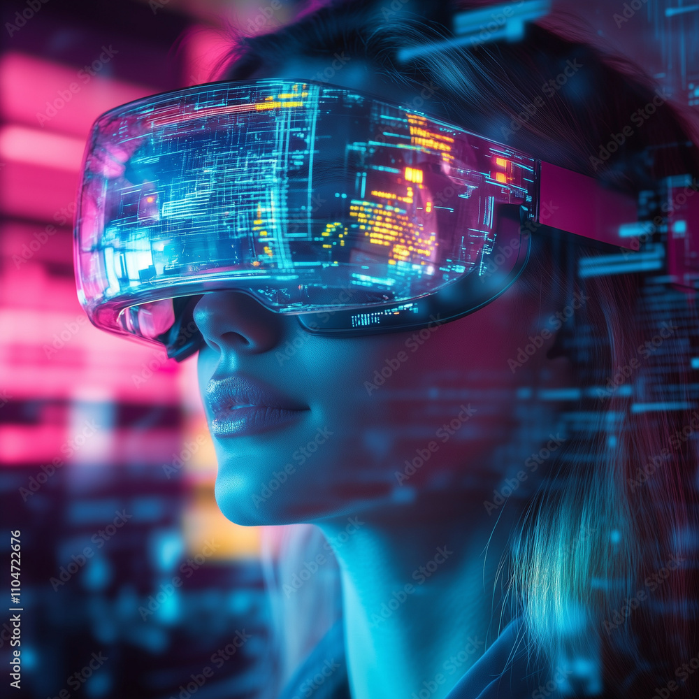 Close-up of a woman wearing futuristic smart glasses, immersed in a vibrant virtual reality environment, showcasing modern technology and innovation. Close-up of a woman wearing futuristic smart glasses, immersed in a vibrant virtual reality environment, showcasing modern technology and innovation.