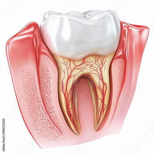 A detailed and labeled illustration of a tooth cross-section, showing the inner structure with nerves, blood vessels, enamel, and dentin in a vibrant and educational style.

 photo