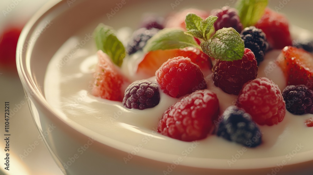 Close-up of a bowl of rich, creamy milk-based dessert, garnished with fresh fruit, captured in vivid detail with soft lighting. Close-up of a bowl of rich, creamy milk-based dessert, garnished with fresh fruit, captured in vivid detail with soft lighting.