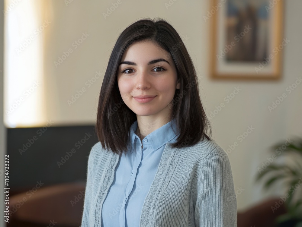 portrait of a young woman in a casual setting with a warm smile portrait of a young woman in a casual setting with a warm smile