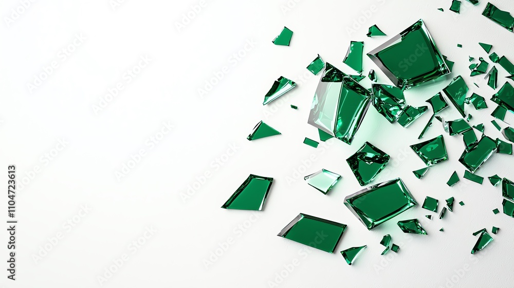 A collection of shattered green glass pieces scattered across a white surface, showcasing various shapes and reflections. A collection of shattered green glass pieces scattered across a white surface, showcasing various shapes and reflections.