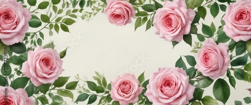 Intricate watercolor frame of pink roses and green leaves with a dreamy feel, special occasion, scrapbooking, sophisticated design, garden event, stationery