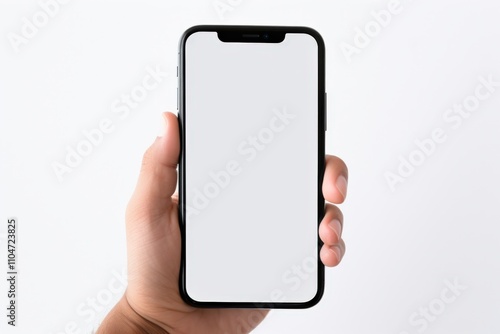 hand holding a smartphone with a blank screen for mockup or design purposes