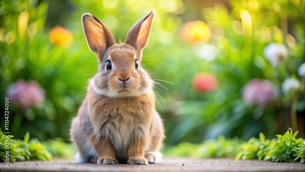 Obraz premium Adorable fluffy rabbit with big eyes and soft fur sitting in a garden , Cute, bunny, pet, animal, rabbit, fluffy, furry