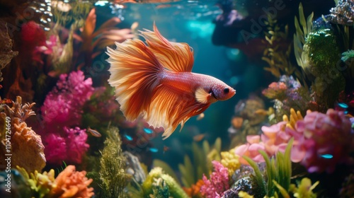 Vibrant Betta Fish Swimming Gracefully in Colorful Aquarium Environment