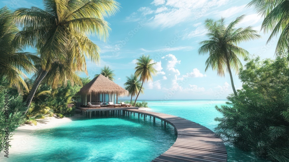 Fototapeta premium Tropical paradise with a wooden walkway leading to a thatched-roof hut by the turquoise sea.