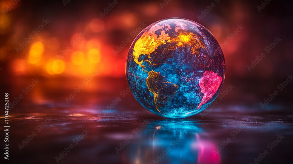 vibrant glowing glass globe showcasing the Americas with brilliant hues, symbolizing global connectivity, innovation, and the illumination of knowledge in a modern world of endless possibilities vibrant glowing glass globe showcasing the Americas with brilliant hues, symbolizing global connectivity, innovation, and the illumination of knowledge in a modern world of endless possibilities