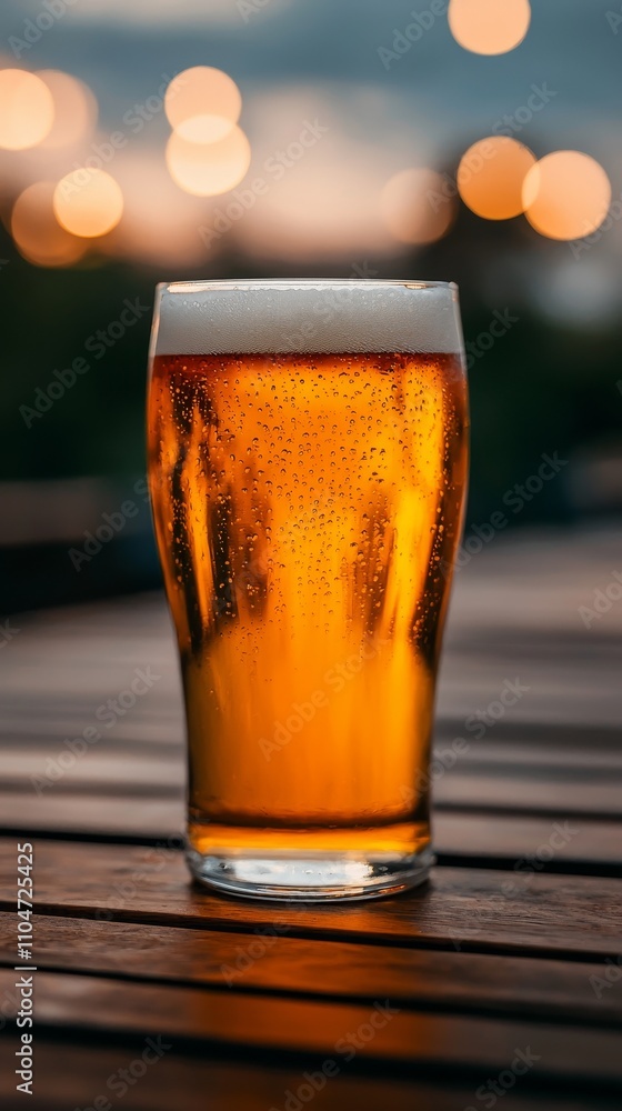 Beverage and retail food concepts, A refreshing glass of golden beer with a frothy top, placed on a wooden surface, surrounded by soft, blurred lights in the background. Beverage and retail food concepts, A refreshing glass of golden beer with a frothy top, placed on a wooden surface, surrounded by soft, blurred lights in the background.