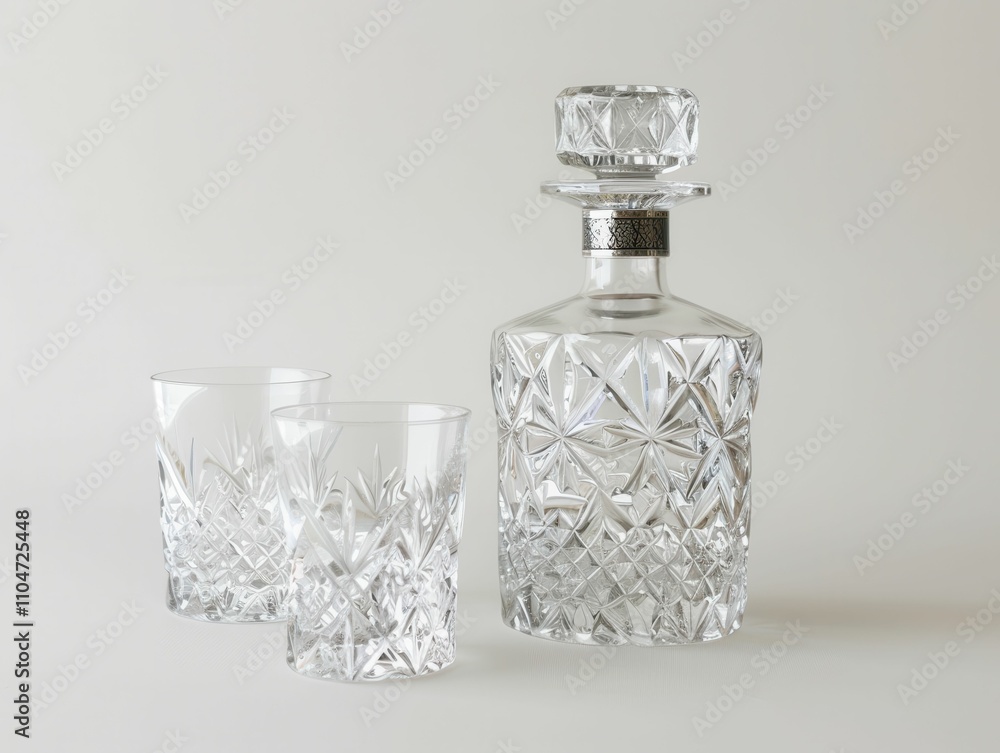 A crystal decanter and two matching glasses, elegantly designed, ideal for serving fine spirits or decorative display. A crystal decanter and two matching glasses, elegantly designed, ideal for serving fine spirits or decorative display.