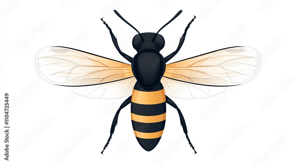 Fototapeta premium A stylized illustration of a bee with a black and yellow striped body and transparent wings, representing pollination and nature.