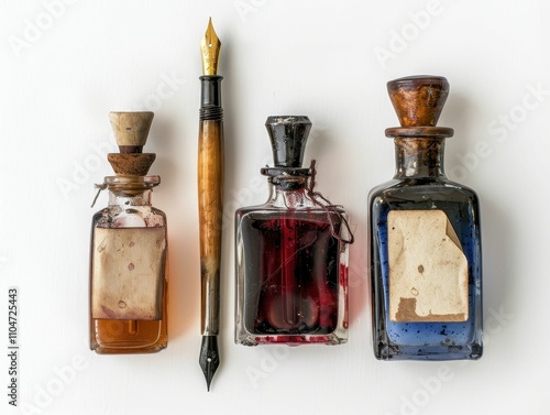 An artistic arrangement of vintage ink bottles and a quill pen, showcasing a nostalgic writing theme with rich colors and textures. photo