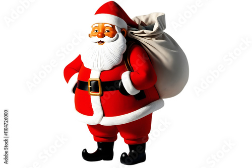 Santa Claus Standing with his hand in his pocket with a bag on his back on an isolated transparent background