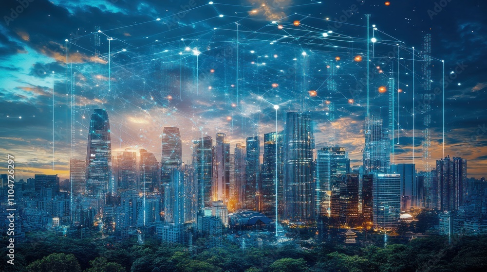 A futuristic city skyline with digital overlays representing technology and connectivity. A futuristic city skyline with digital overlays representing technology and connectivity.