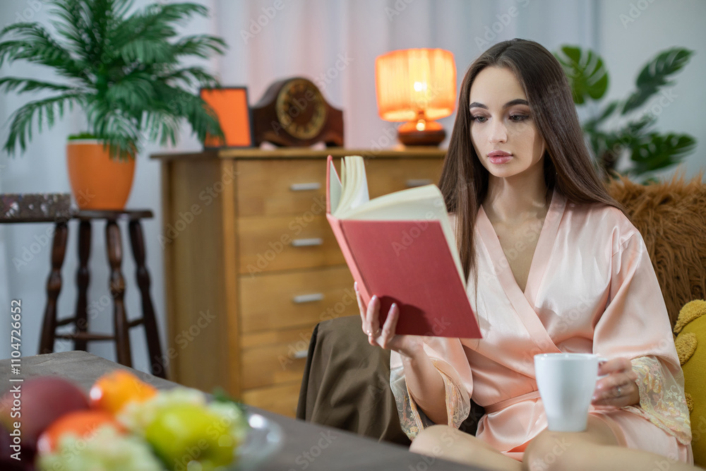 Enjoy a Cozy Reading Time with a Cup of Tea and Fresh Fruit in a Warm Atmosphere Enjoy a Cozy Reading Time with a Cup of Tea and Fresh Fruit in a Warm Atmosphere