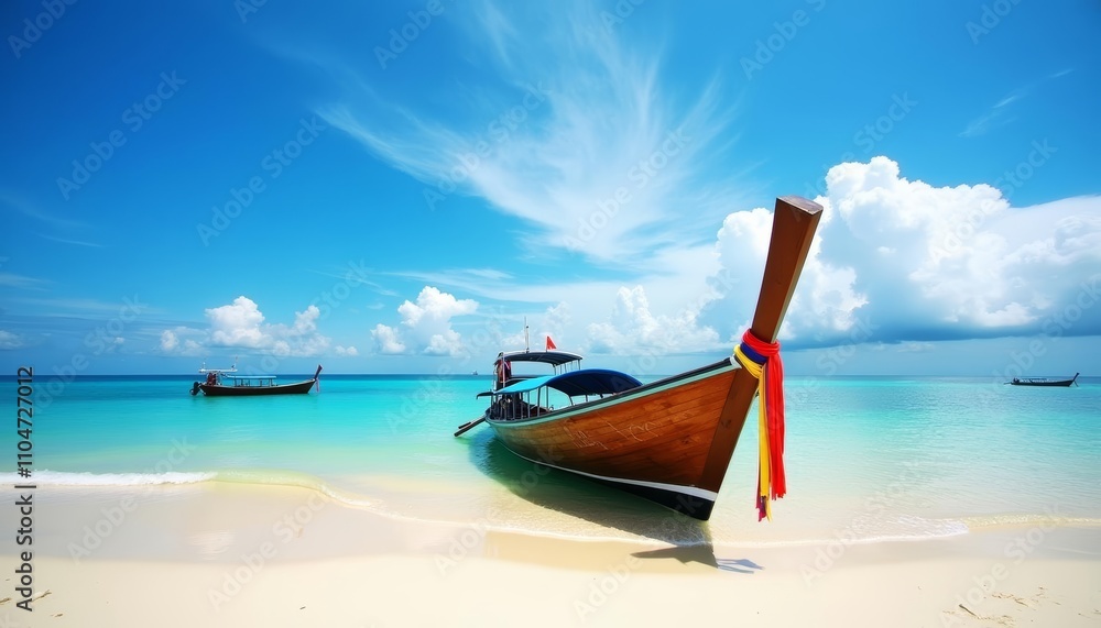 Tranquil beach escape with traditional wooden boat Tranquil beach escape with traditional wooden boat