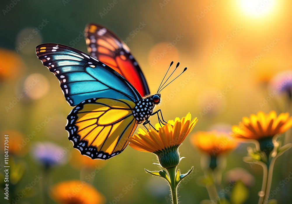 Fototapeta premium A Whimsical Butterfly Dancing Through a Sun-Drenched Meadow Filled with Vibrant Colors and Delicate Flora Under Soft Golden Light