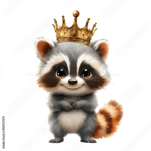 Charming baby raccoon wearing a golden crown, standing with a cute and playful expression, ideal for children’s books, nursery decor, and whimsical animal illustrations