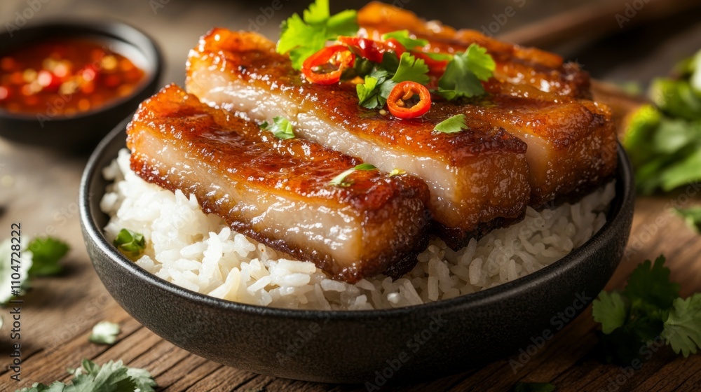 Crispy Pork Belly Served on White Rice with Fresh Herbs and Chili Crispy Pork Belly Served on White Rice with Fresh Herbs and Chili