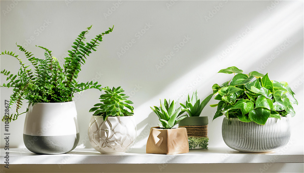 A collection of modern, minimalist ceramic pots of indoor plants placed on neat white A collection of modern, minimalist ceramic pots of indoor plants placed on neat white
