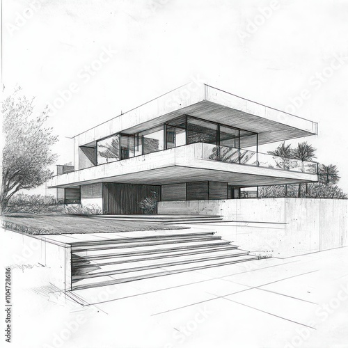 A detailed black-and-white architectural sketch of a modern house, featuring sleek lines, large glass windows, and a minimalistic pool area, showcasing an innovative design.

 photo